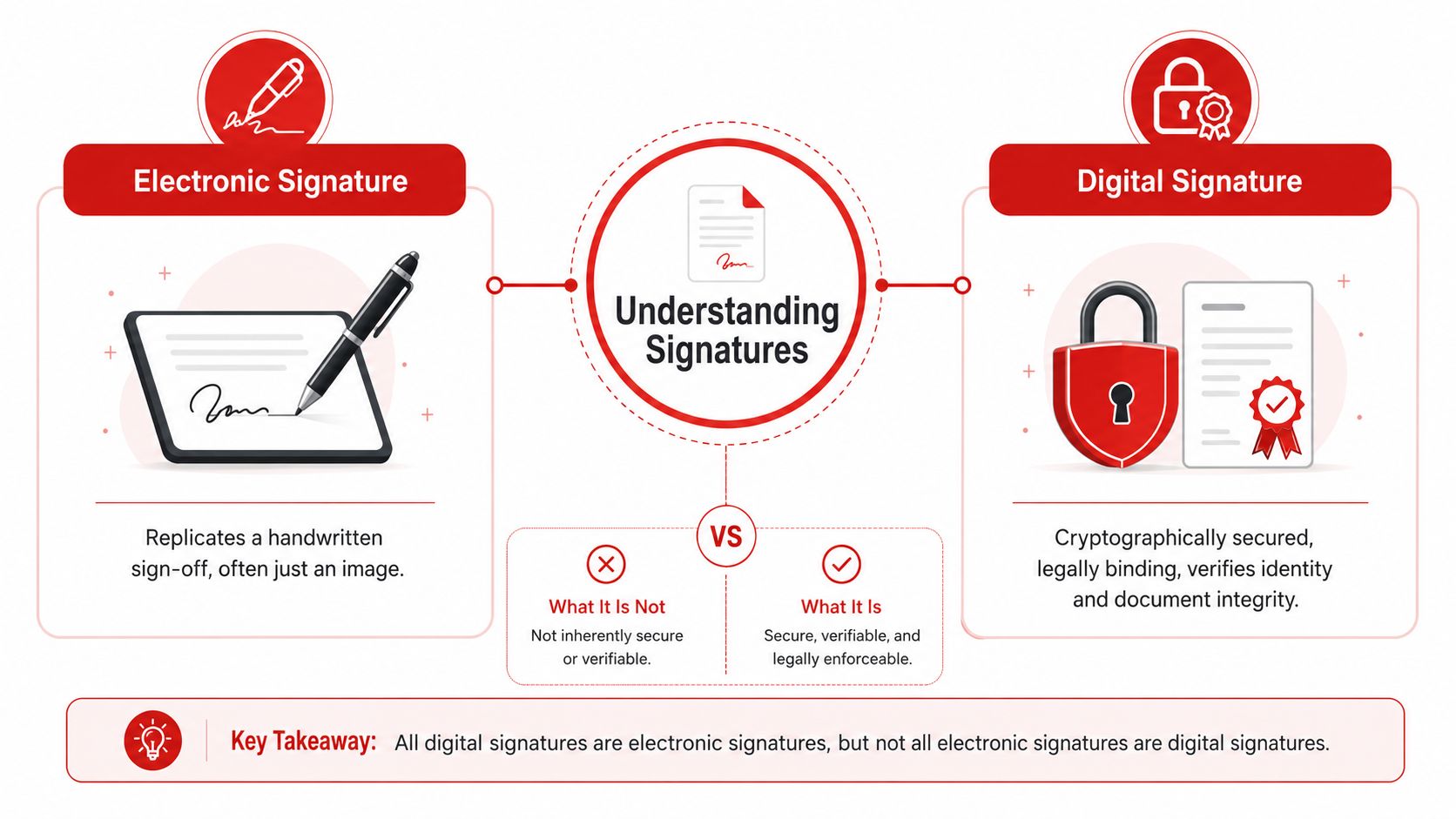 A diagram contrasting electronic signatures and digital signatures to explain their differences and key security features.