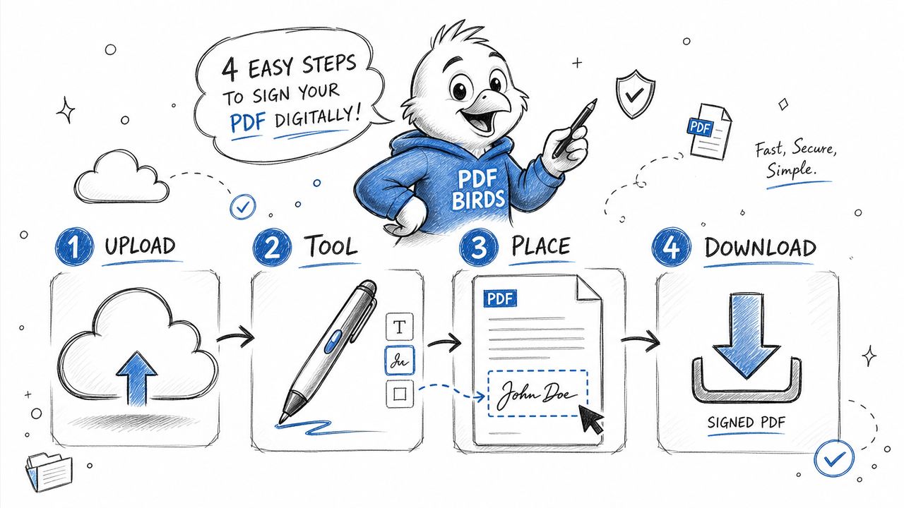 A hand-drawn illustration showing four simple steps to digitally sign a PDF document with a mascot.