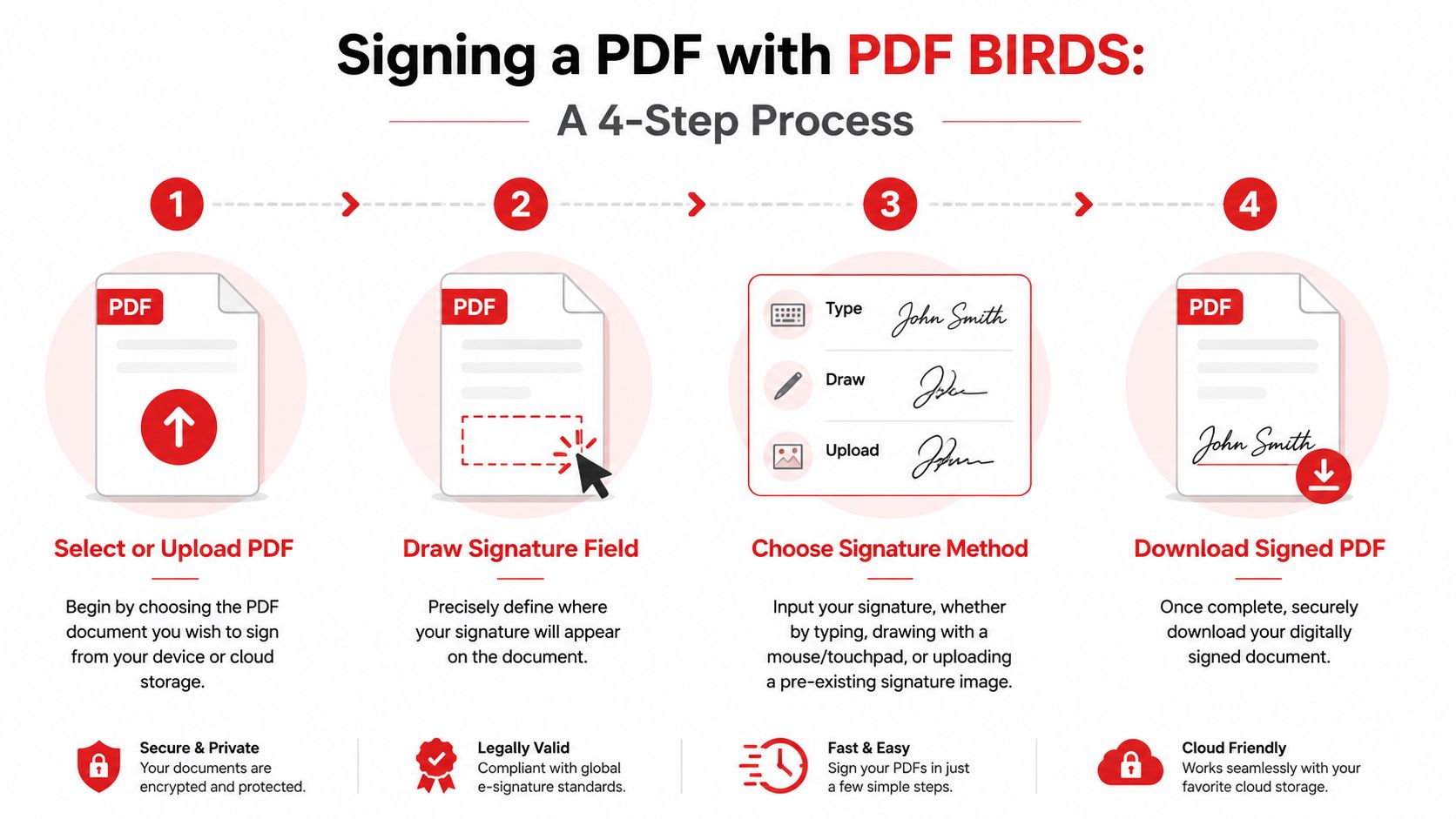 A four-step infographic showing how to digitally sign a PDF document using PDF BIRDS software.