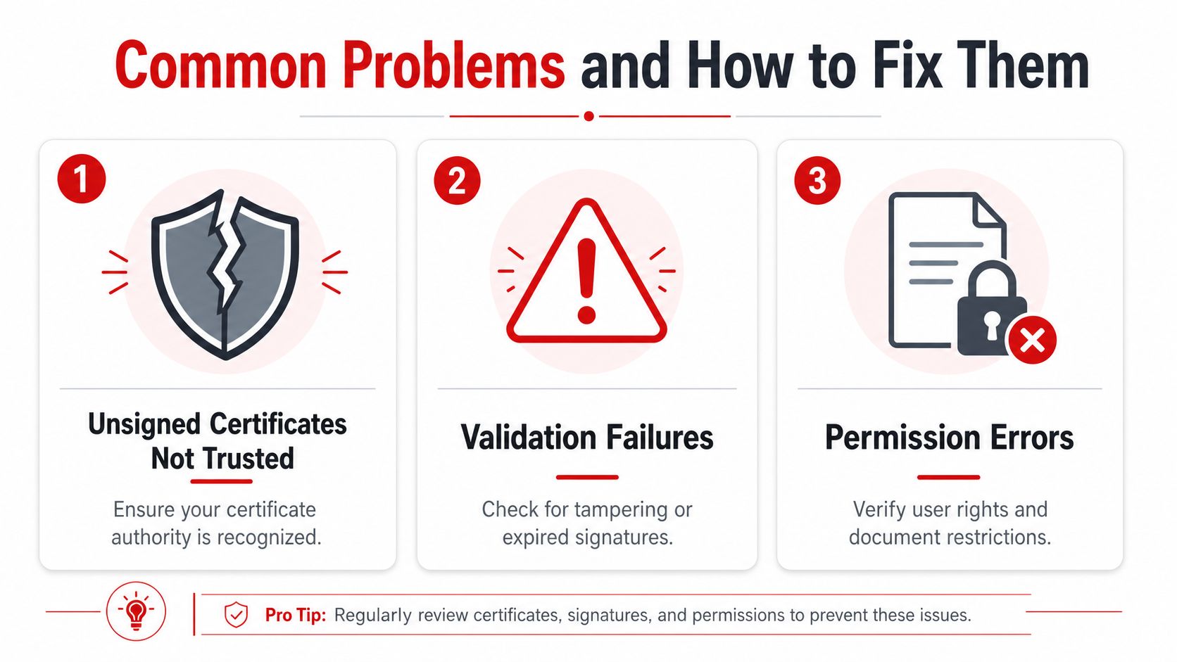 An infographic titled Common Problems and How to Fix Them illustrating certificate and document security issues.
