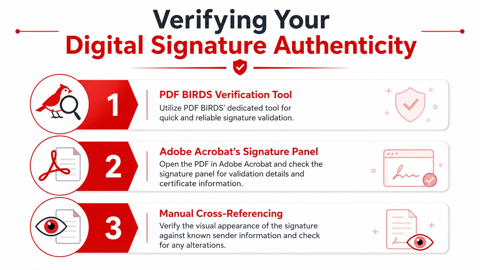 An infographic showing three steps to verify the authenticity of a digital signature on a document.