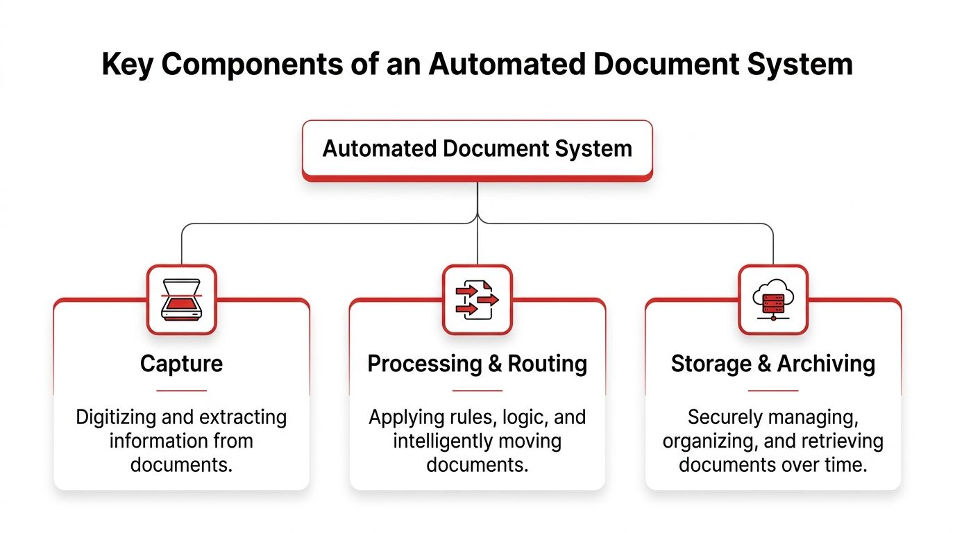 A diagram illustrating the three key components of an automated document system: capture, processing, and storage.