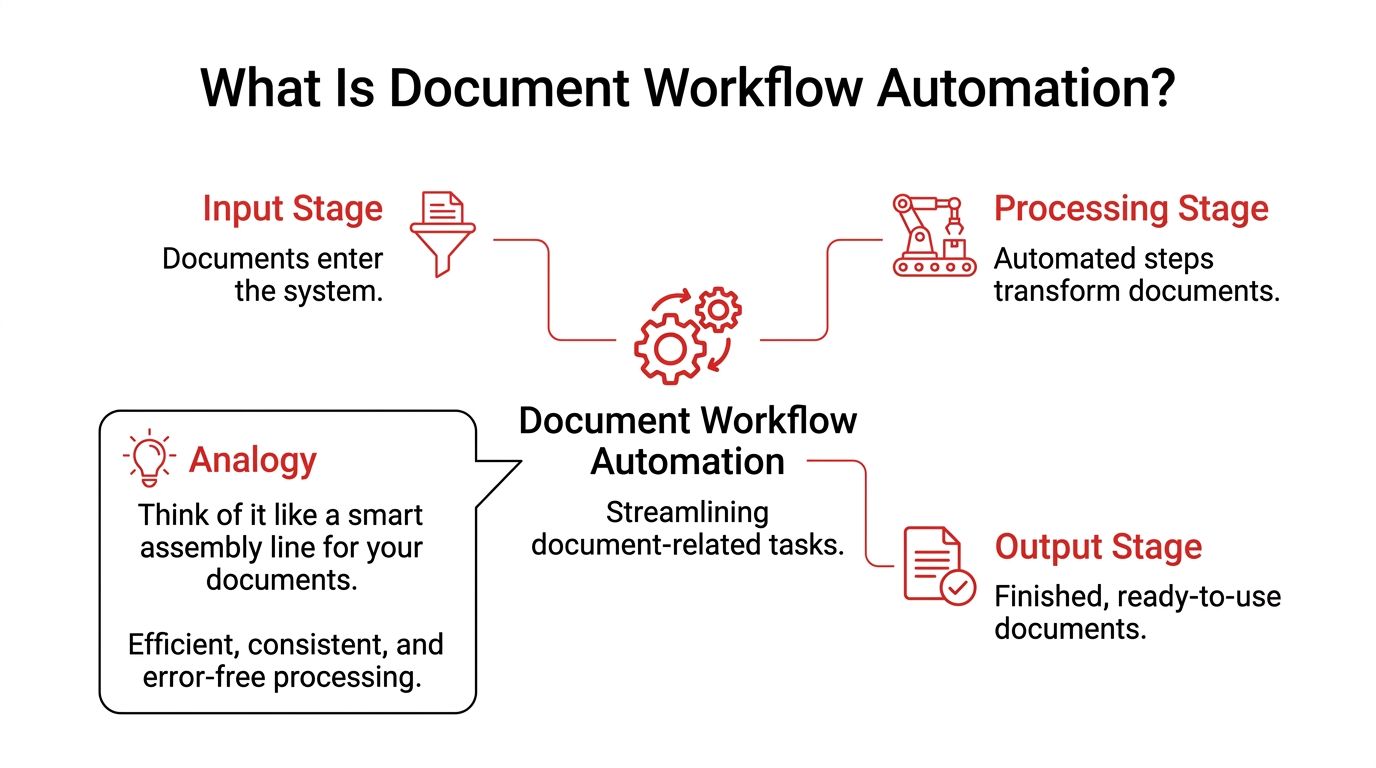 A diagram explaining document workflow automation through input, processing, and output stages with an assembly line analogy.