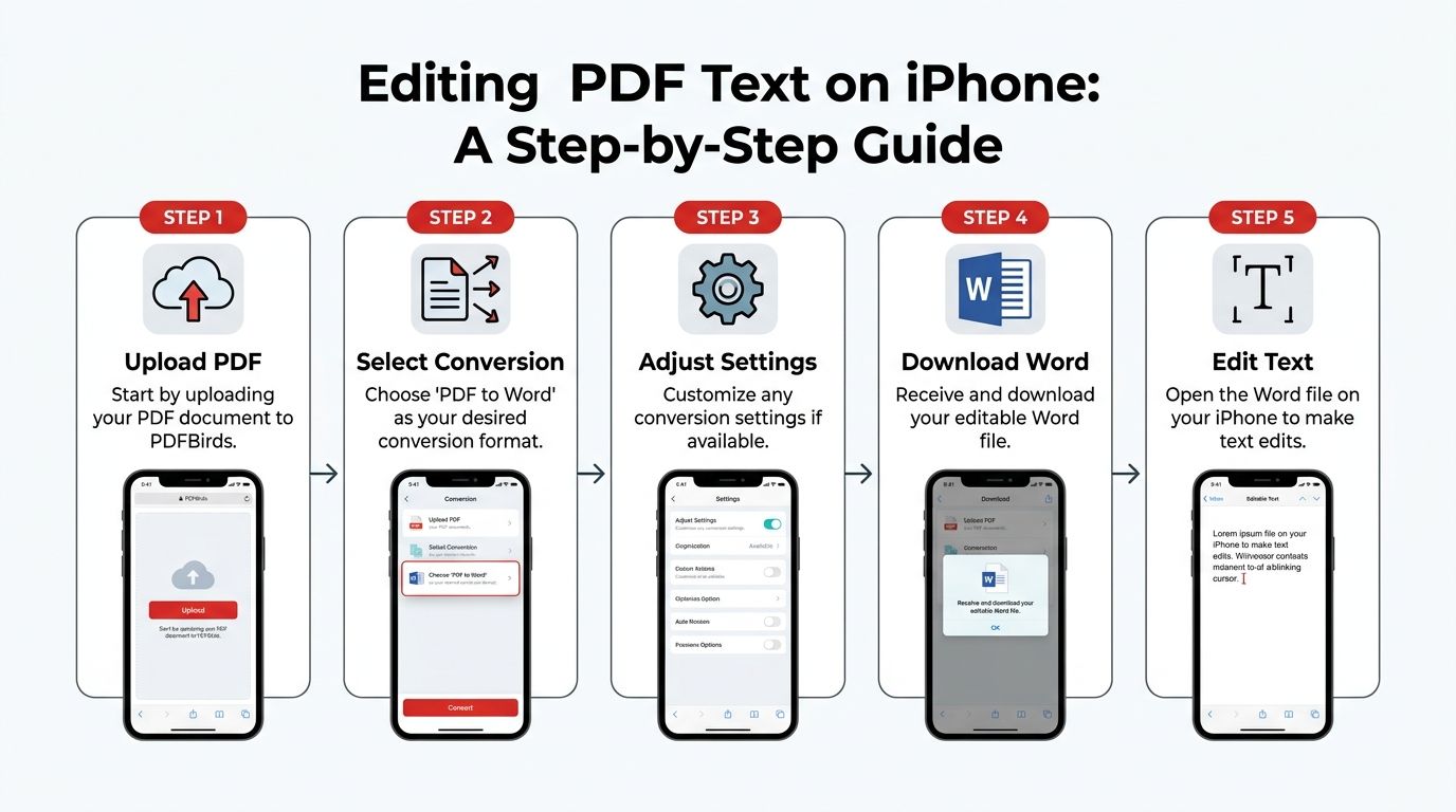 A five-step guide infographic illustrating how to convert and edit PDF files on an iPhone.