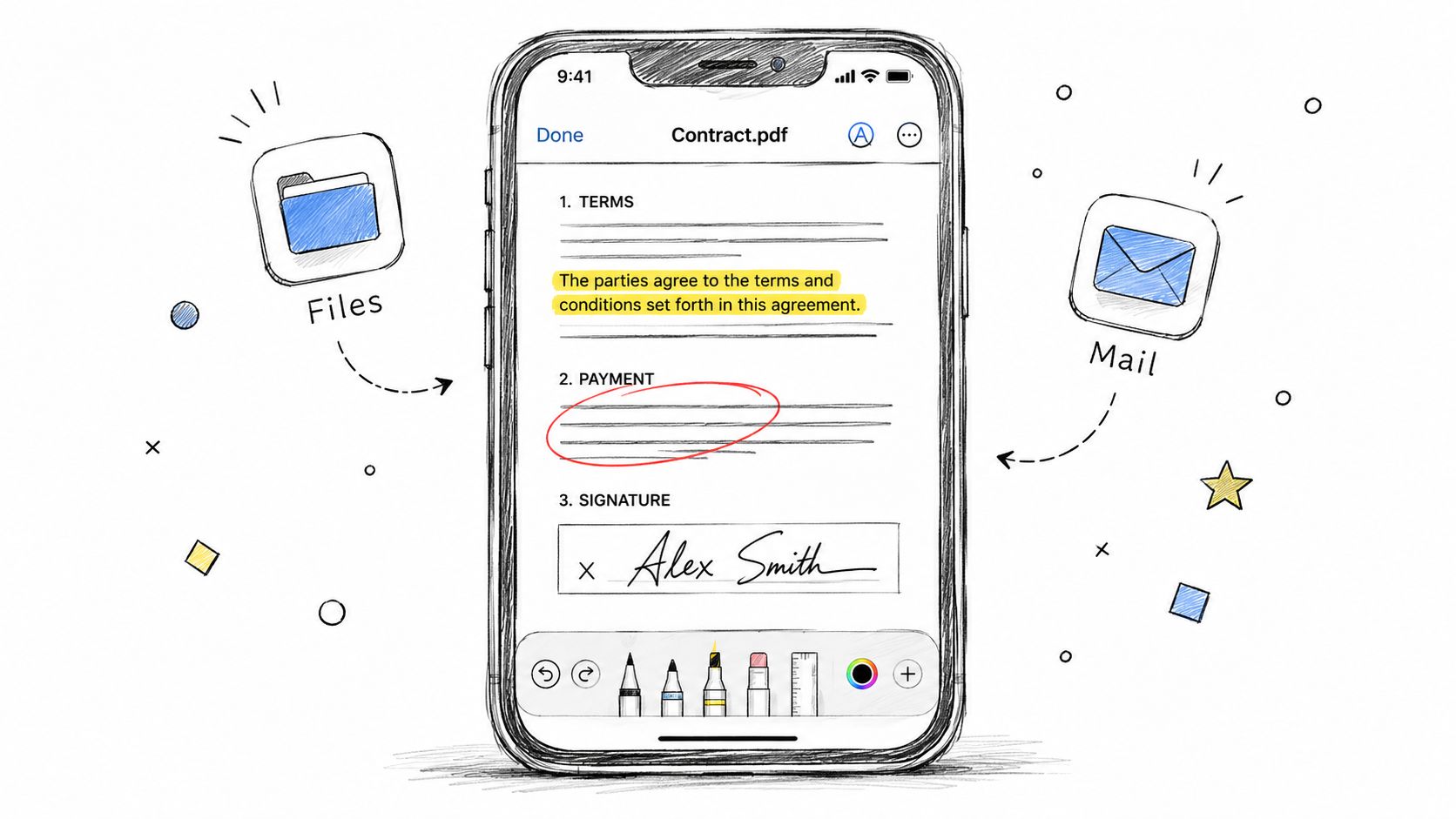 A hand-drawn illustration showing an iPhone screen editing a PDF document with signature and annotation tools.