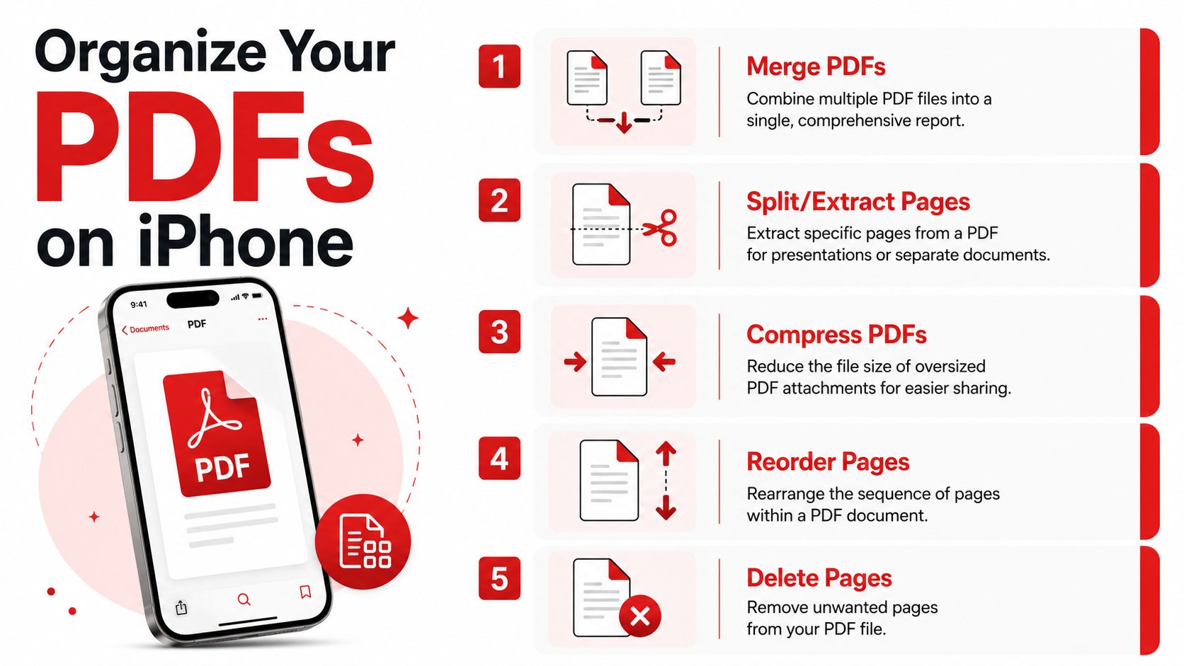 An infographic showing five key tools for managing and editing PDF documents on an iPhone.