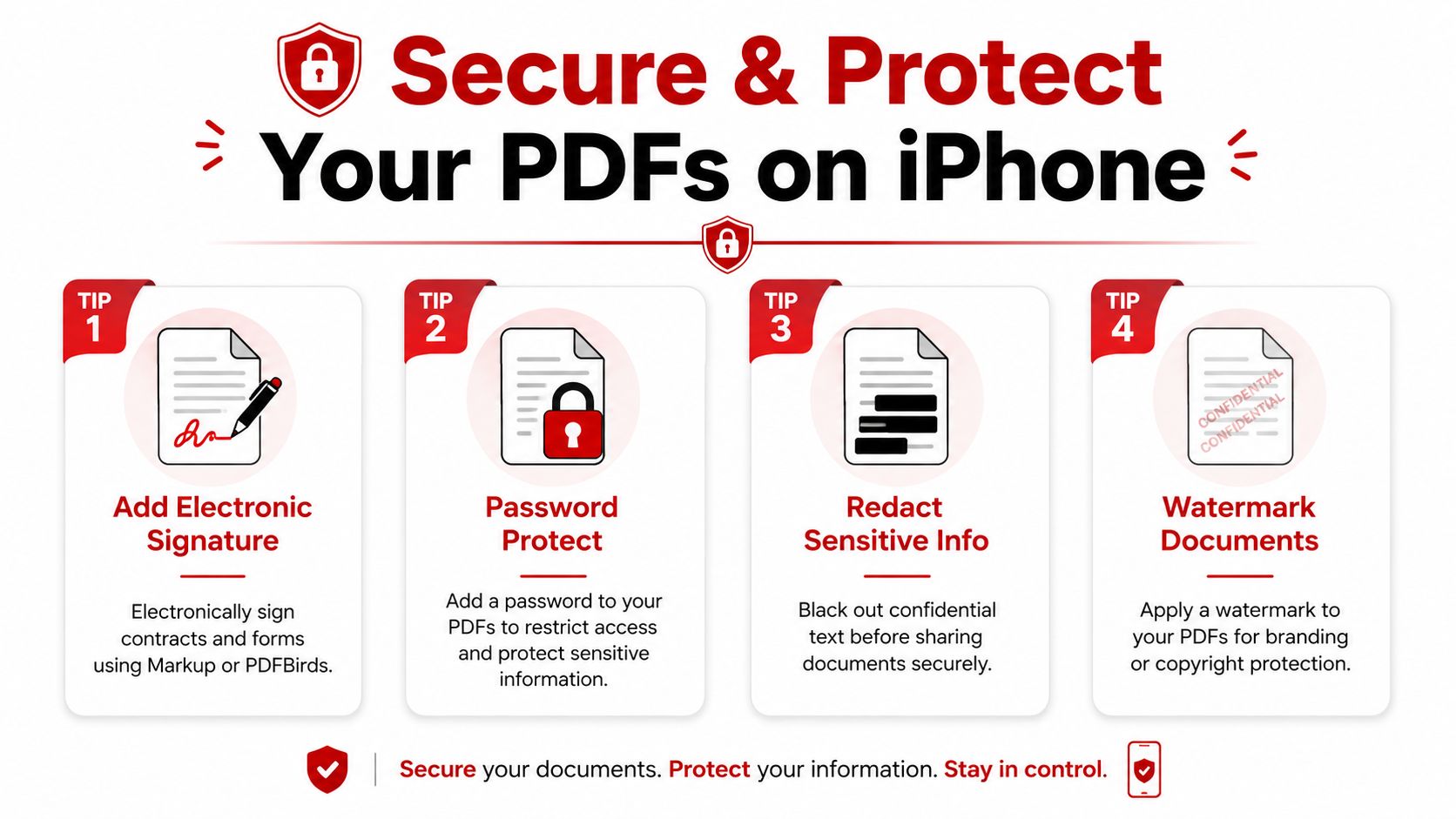 An infographic showing four tips to secure and protect PDF files on an iPhone.