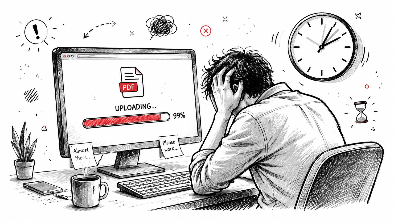 A frustrated man at a computer desk waiting for a PDF file to finish uploading at 99 percent.