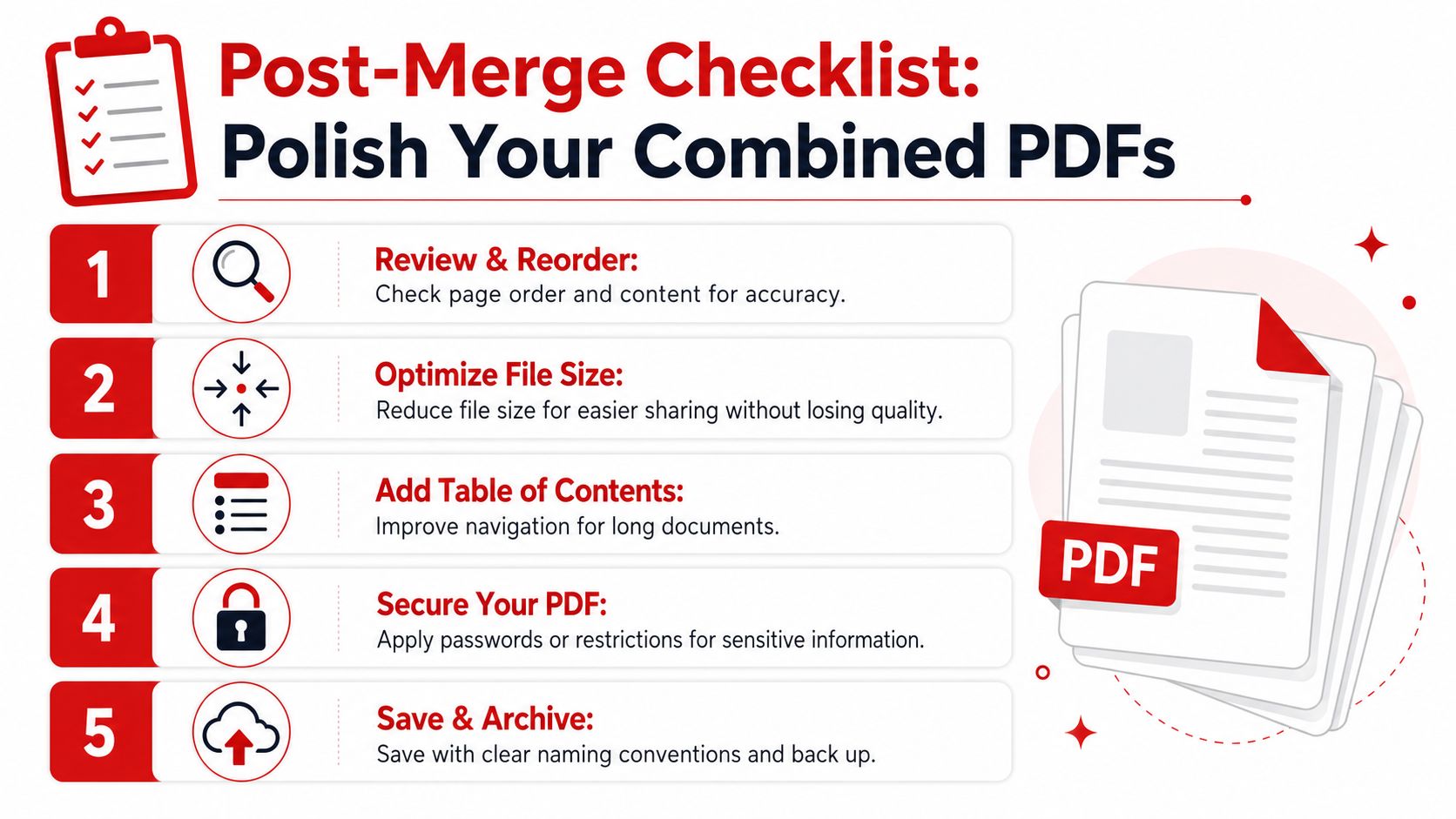 A checklist of five essential steps to polish and organize your combined PDF documents after merging them.