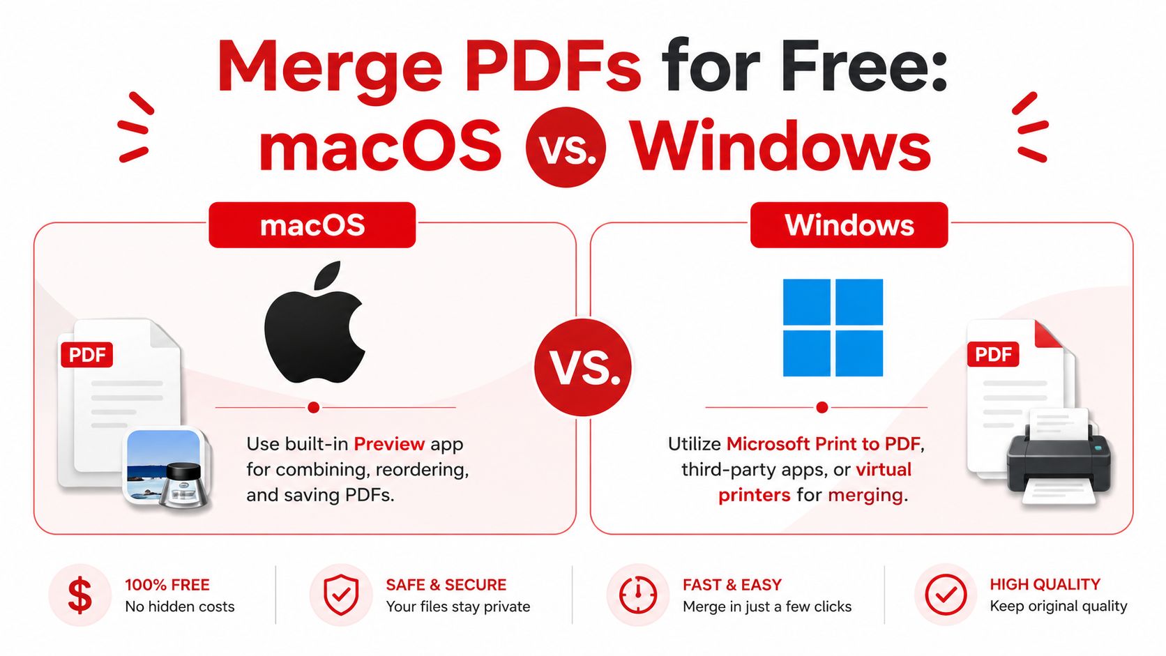 A comparison infographic showing how to merge PDF files for free on both macOS and Windows operating systems.