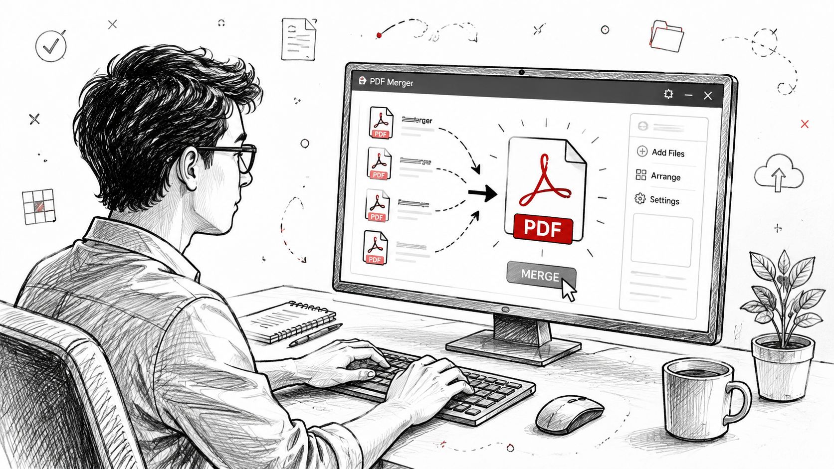 A person sitting at a desk using computer software to merge multiple PDF files into one document.
