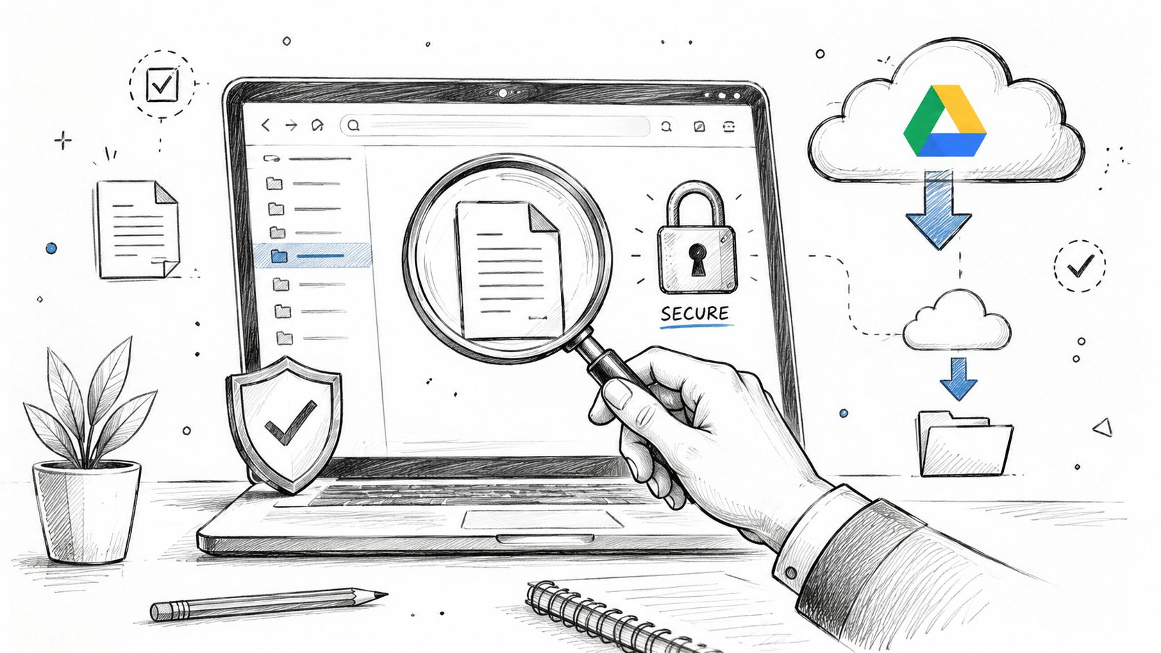 A hand holding a magnifying glass over a secured document on a laptop screen near Google Drive cloud storage.