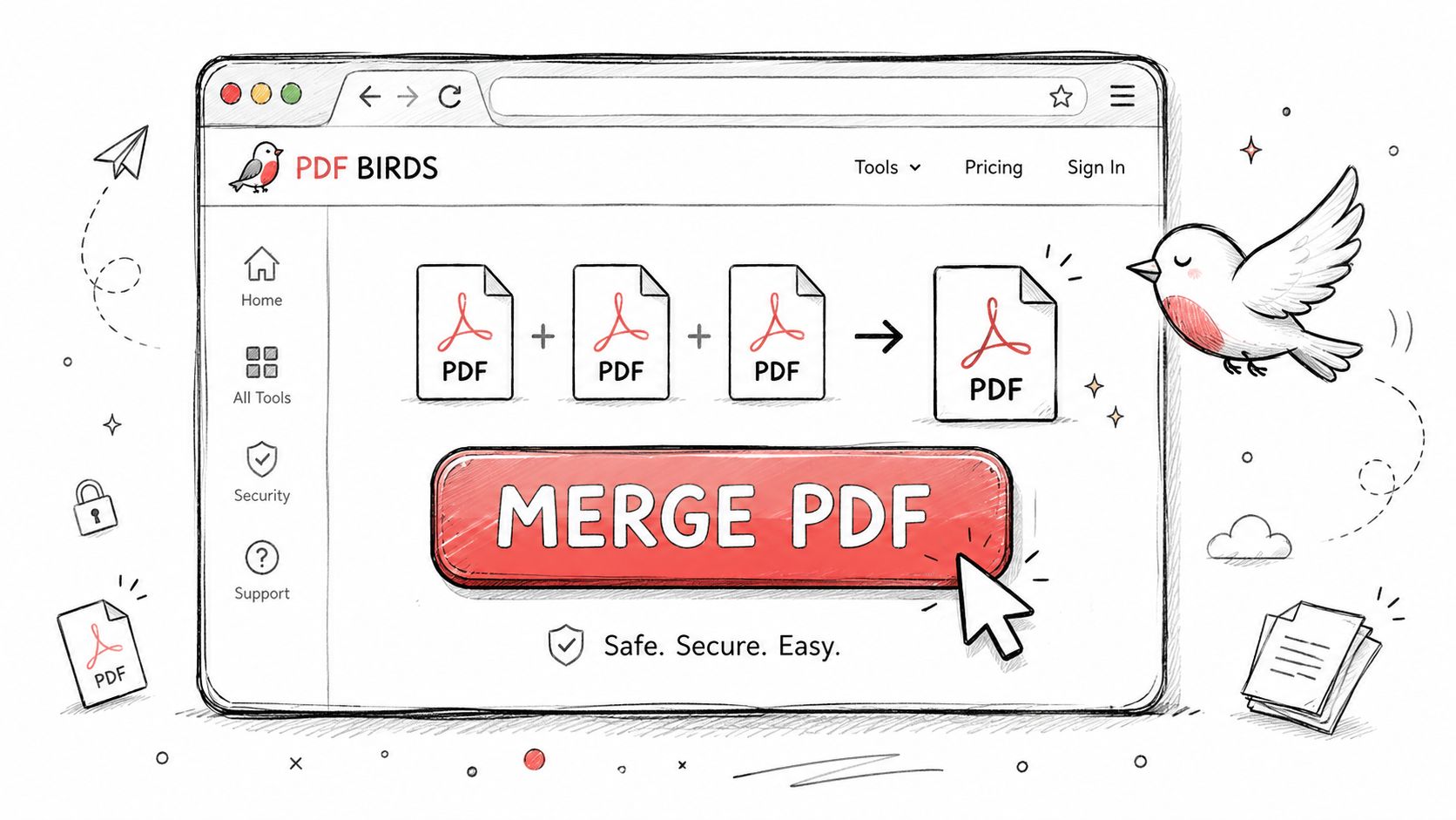 A hand-drawn style illustration of a website interface for merging multiple PDF documents into one single file.