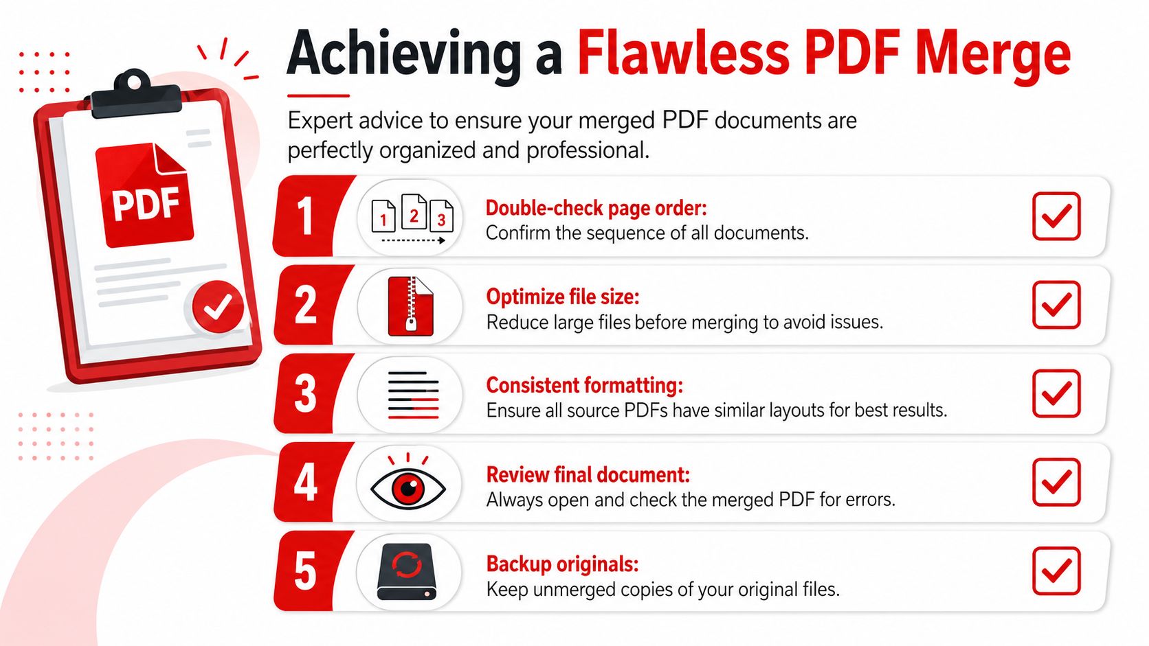 An infographic titled Achieving a Flawless PDF Merge with five numbered steps for organizing professional documents.