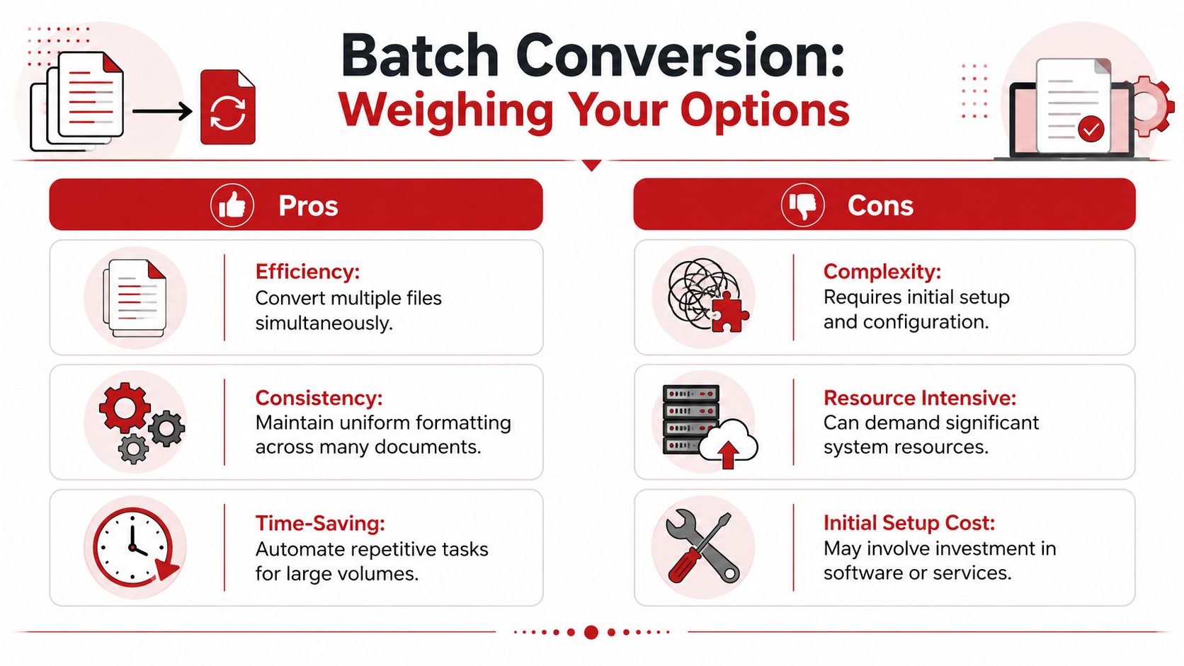 An infographic comparing the pros and cons of batch file conversion for document processing tasks.