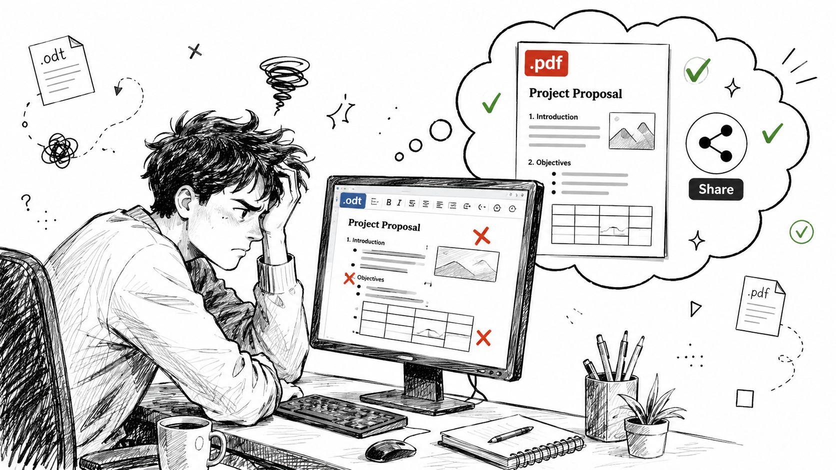 A stressed student frustrated by an ODT file document, dreaming of converting it to a formatted PDF.