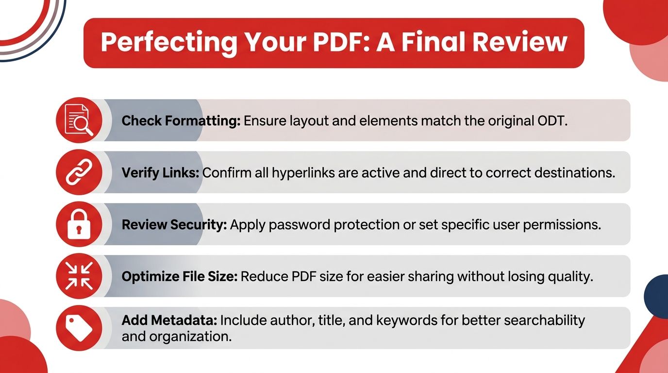A checklist infographic titled Perfecting Your PDF, outlining five essential steps for finalizing documents.