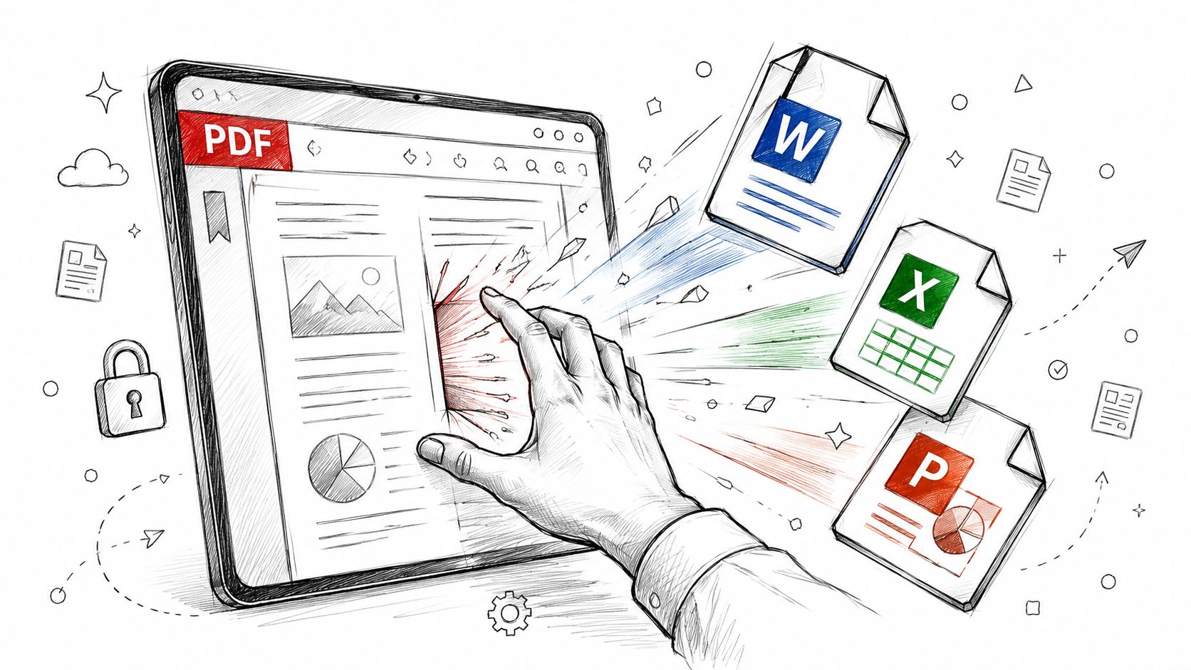 A hand interacting with a PDF file on a screen converting it into Word, Excel, and PowerPoint documents.