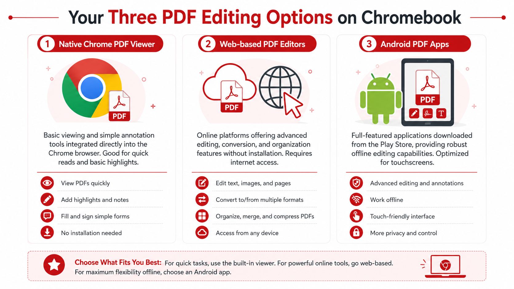 An infographic detailing three methods for editing PDFs on a Chromebook: native browser, web-based, and Android apps.