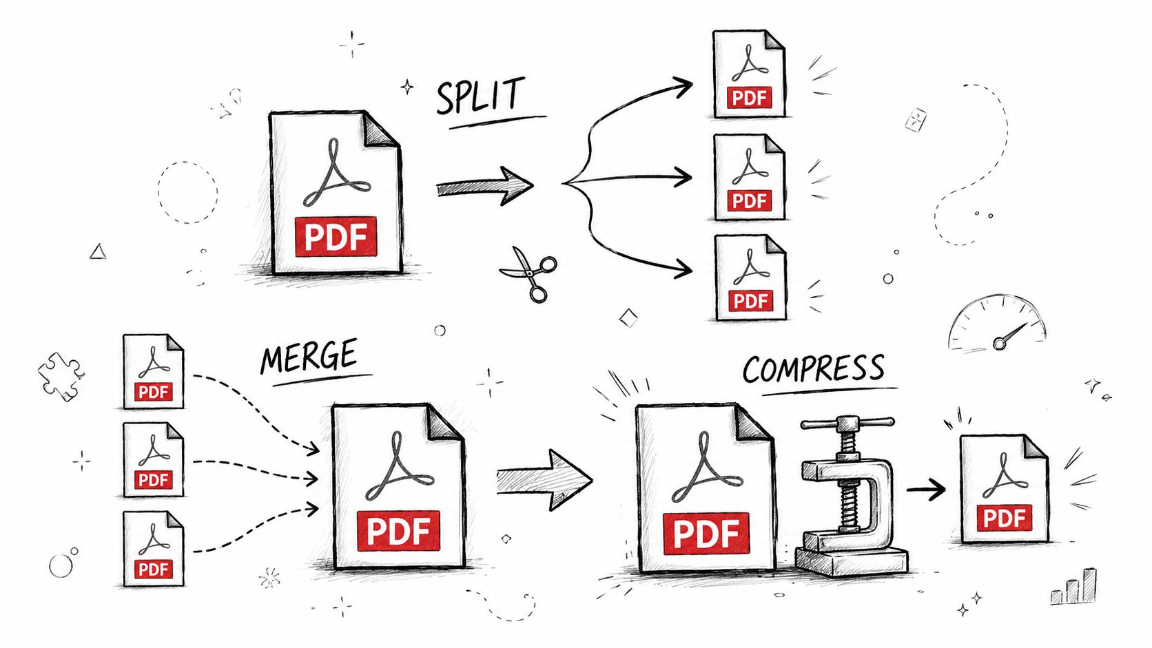 A hand-drawn illustration depicting common PDF operations including splitting, merging, and compressing files for easy document management.