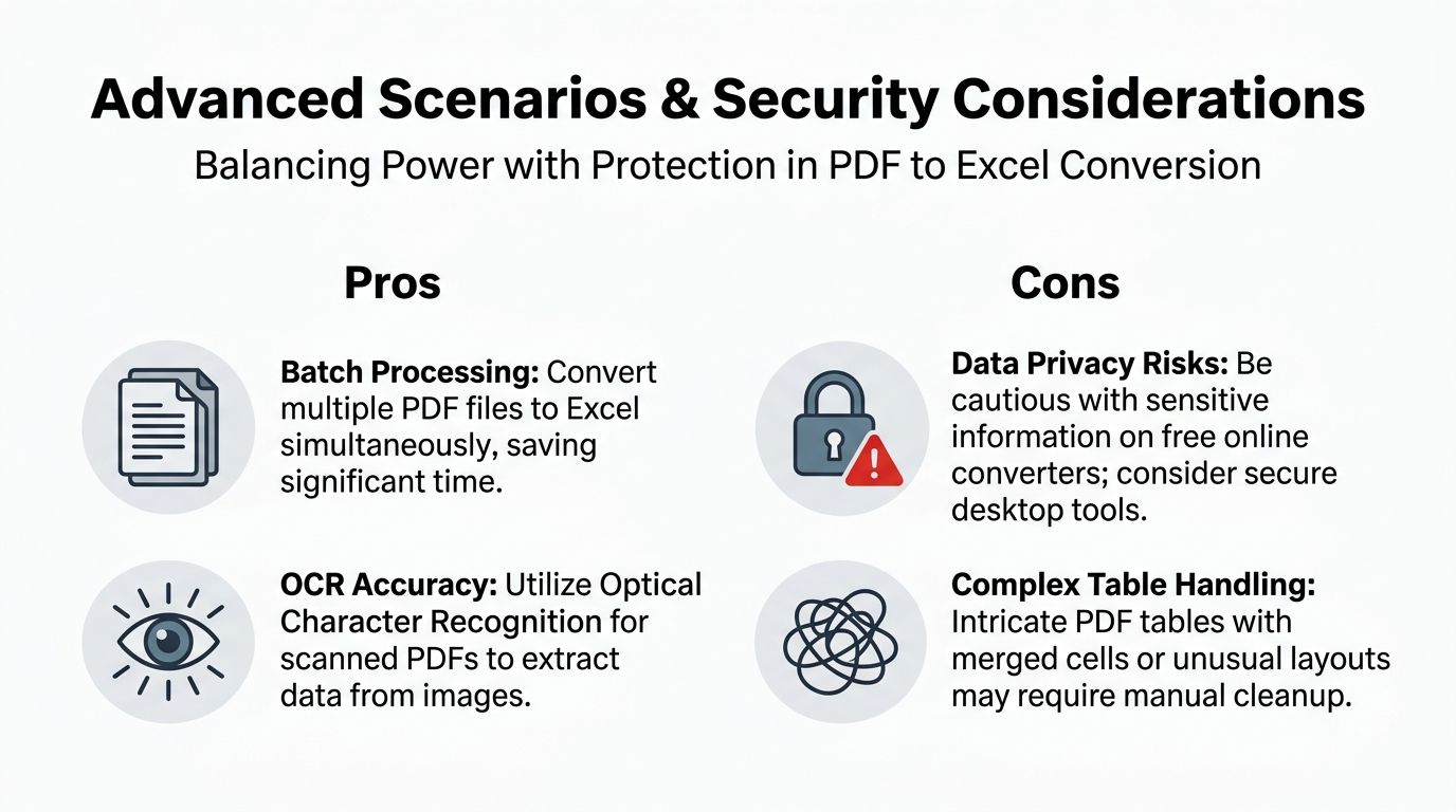 A diagram outlining the pros and cons of using advanced PDF to Excel conversion tools and security considerations.