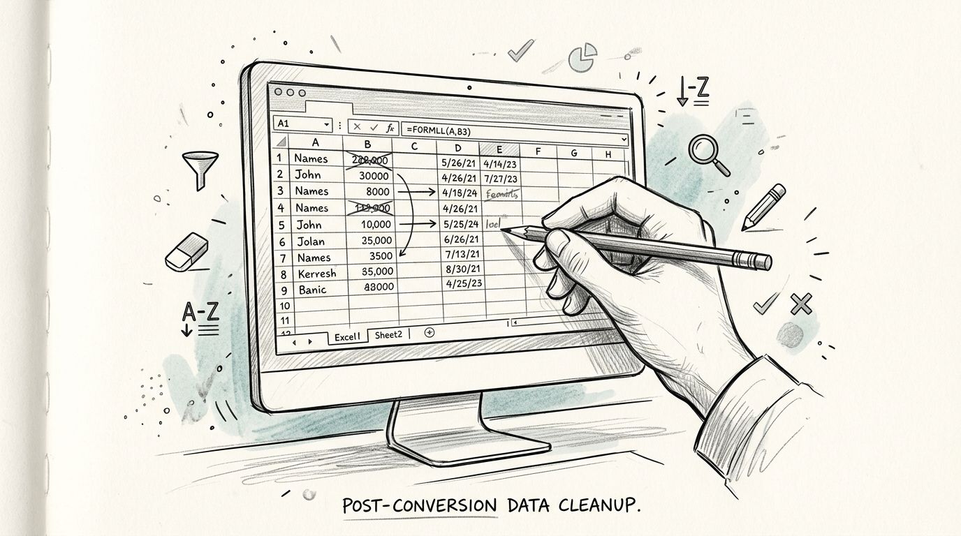 A hand drawing corrections on a digital spreadsheet displayed on a computer screen for data cleanup.