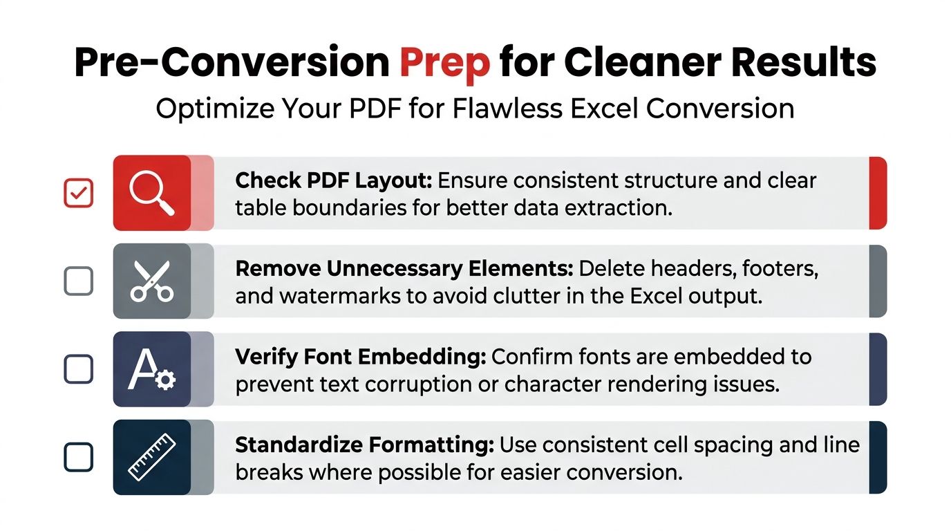 A list of four key steps to optimize a PDF document for successful conversion into Excel.