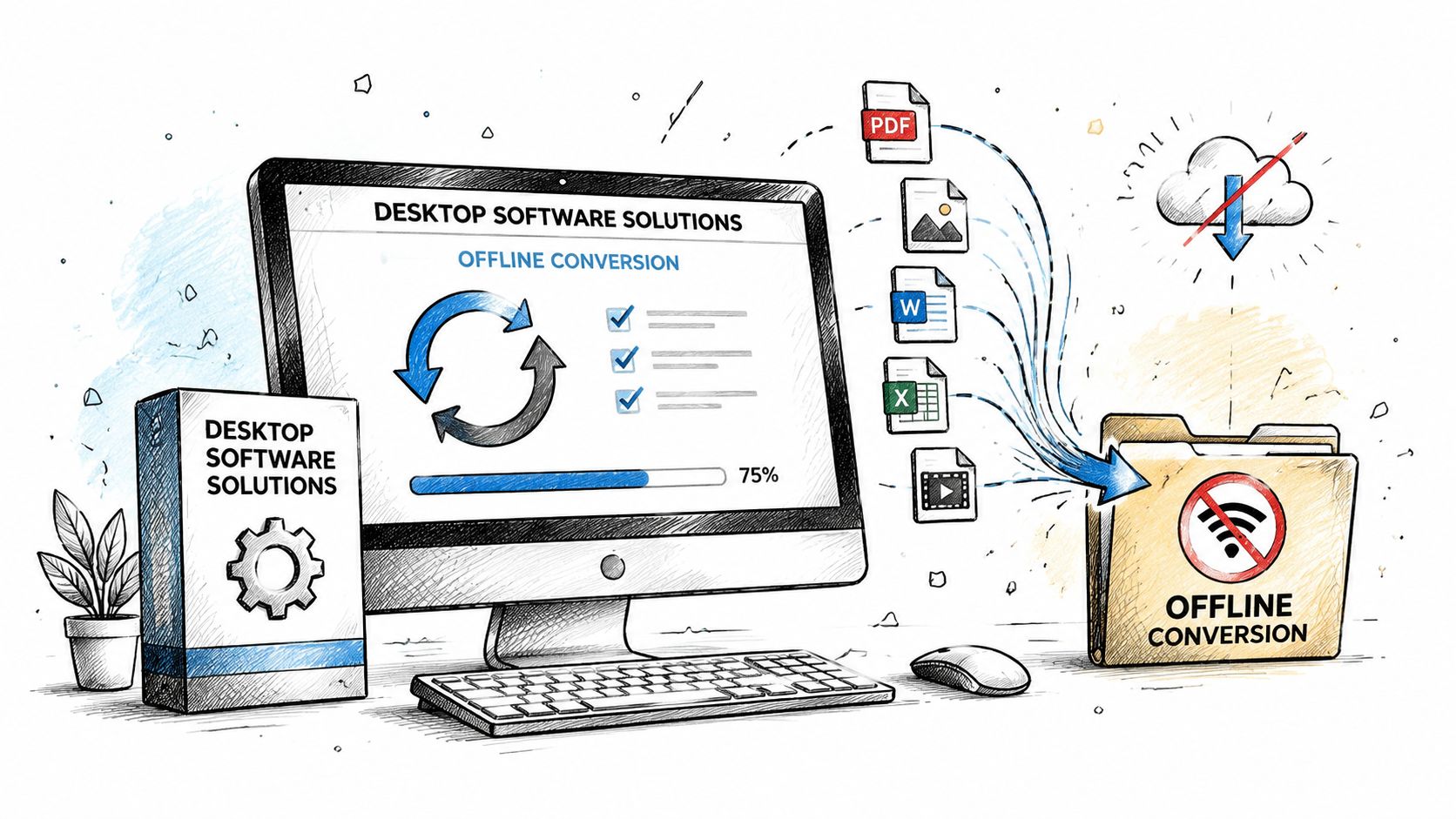 A sketched illustration showing desktop software performing secure offline file conversion from various formats to a folder.