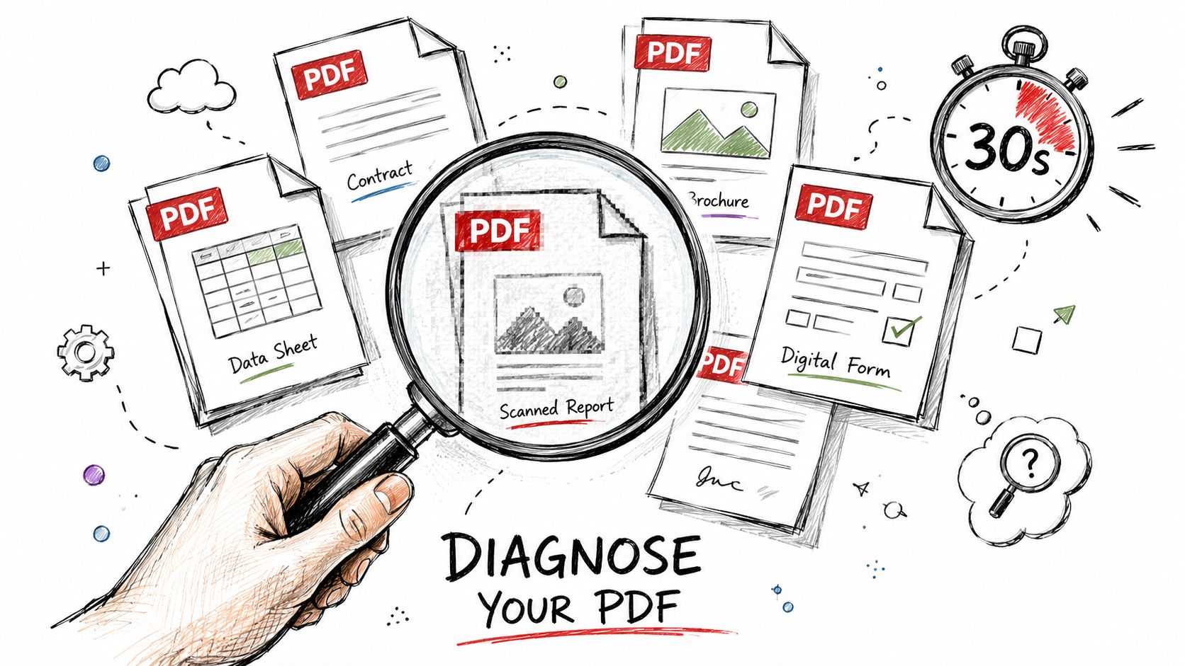 A hand holds a magnifying glass over a scanned report document surrounded by various PDF file types.