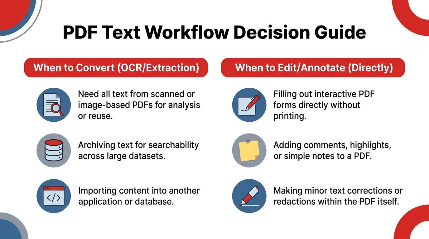 A decision guide flowchart explaining when to use OCR and extraction versus direct PDF editing tools.