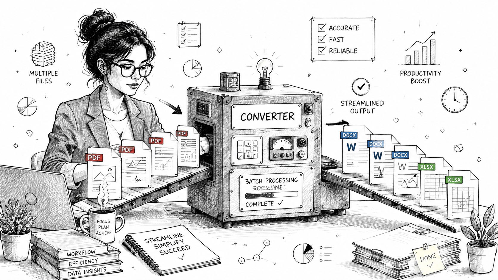 A woman working at a desk with a machine converting multiple PDF files into document formats.