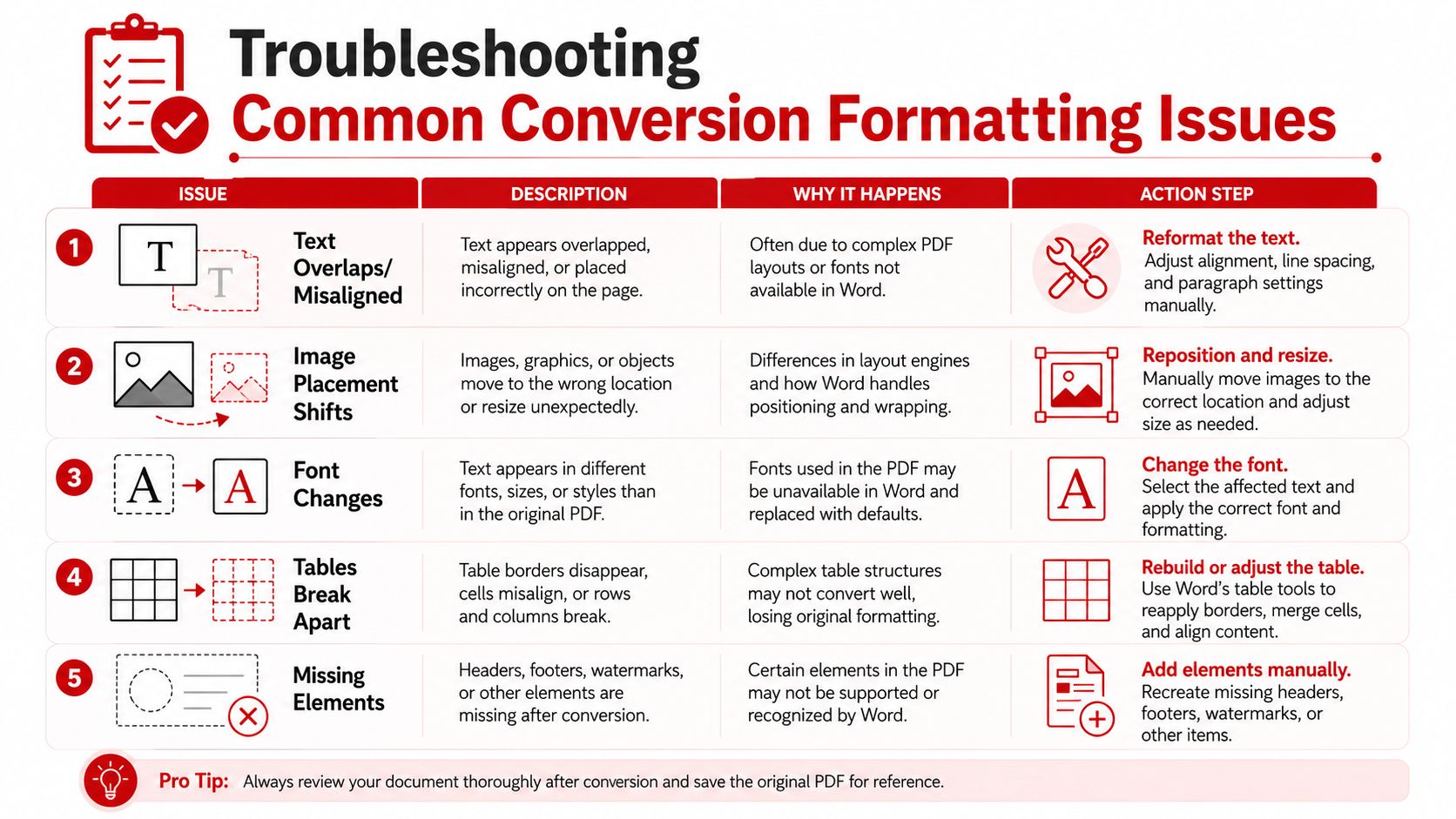 A troubleshooting infographic illustrating common formatting issues when converting PDF files into editable Microsoft Word documents.