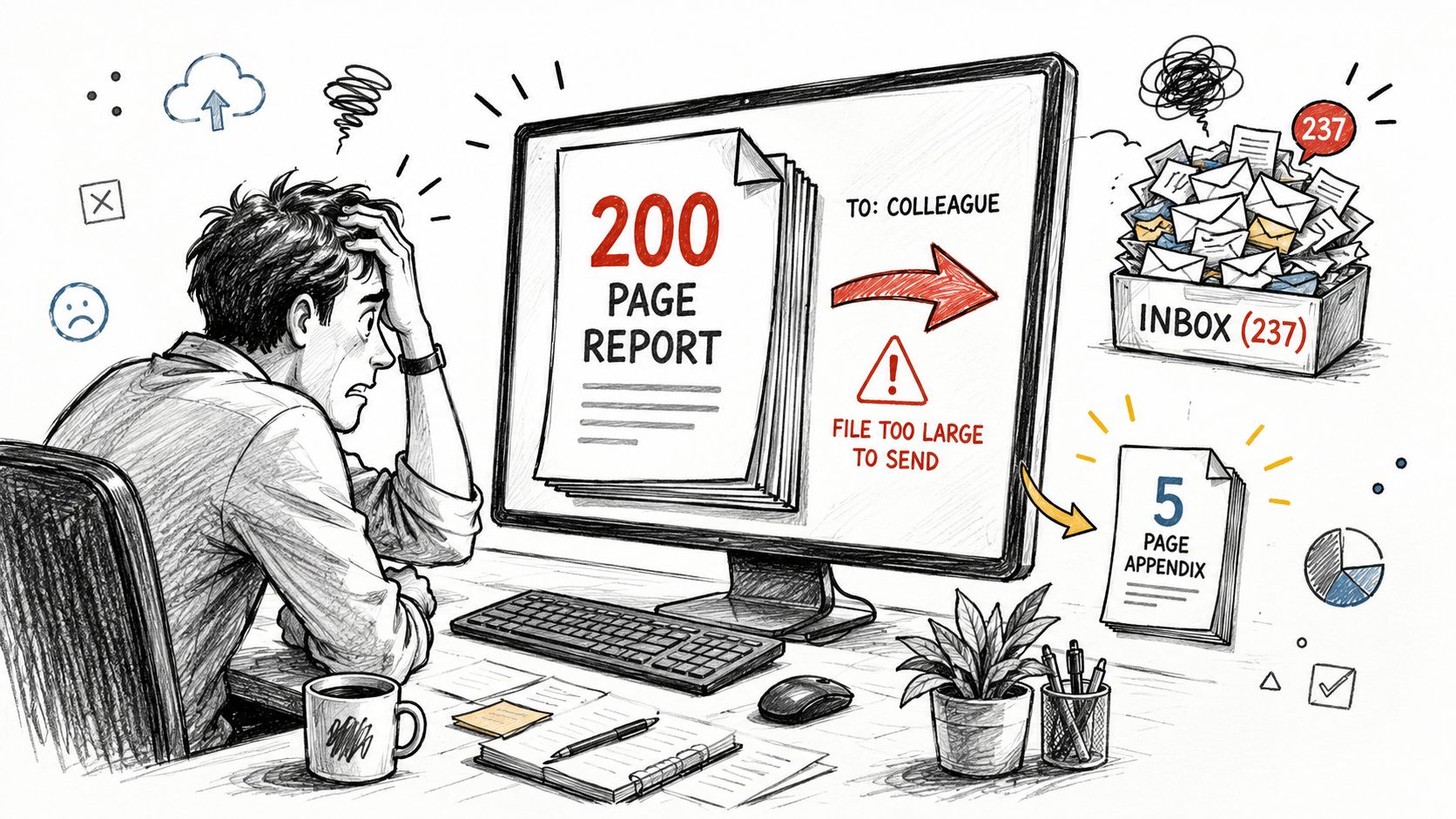 A stressed man looking at a computer screen showing a 200 page report that is too large to send.