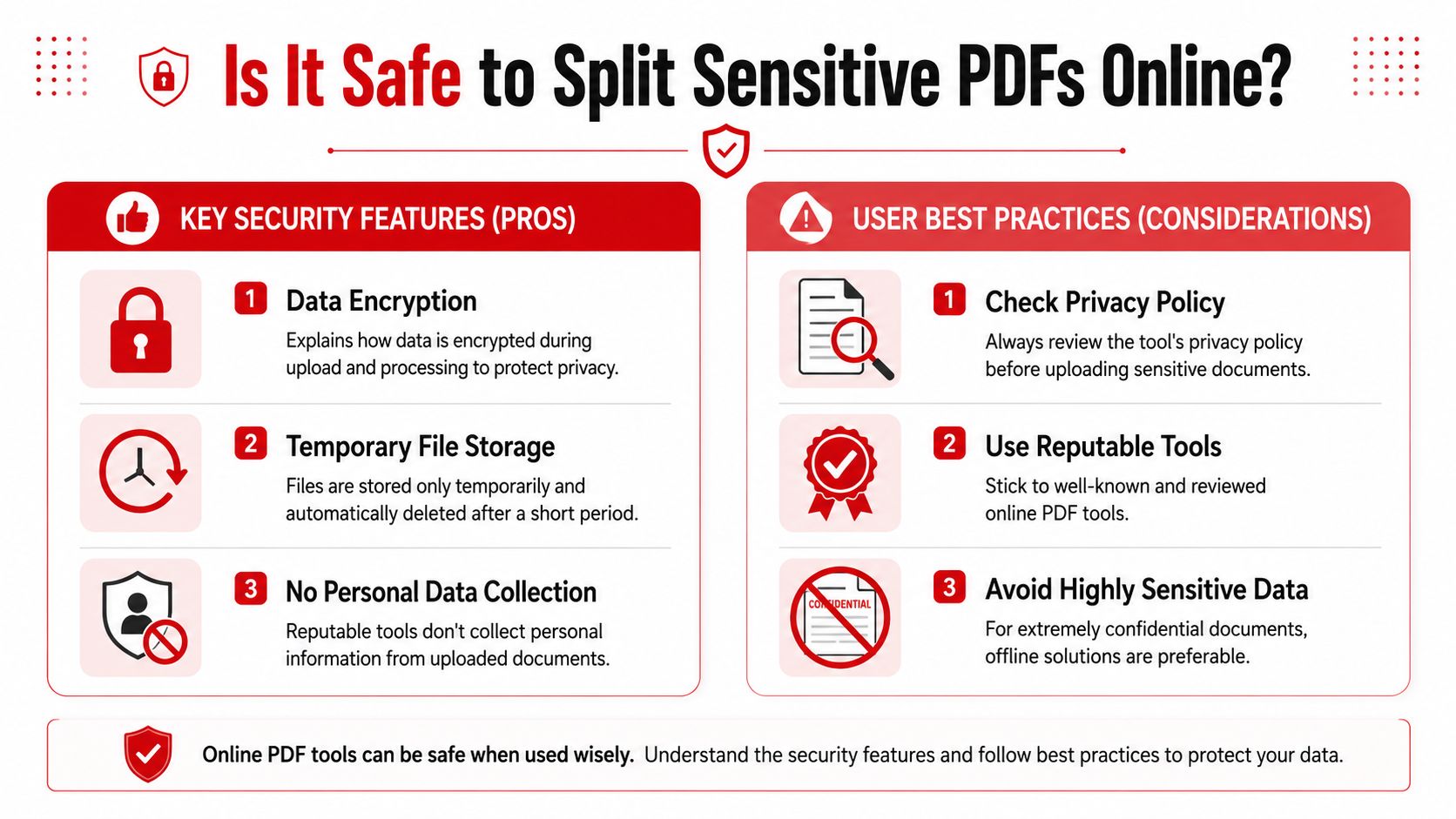 An infographic detailing security features and best practices for splitting sensitive PDF files using online tools.