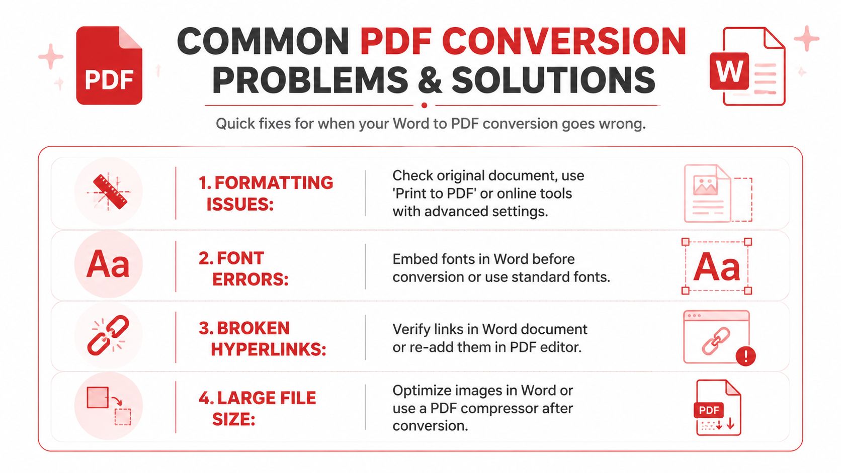 An infographic showing four common problems and solutions when converting Word documents into PDF files.