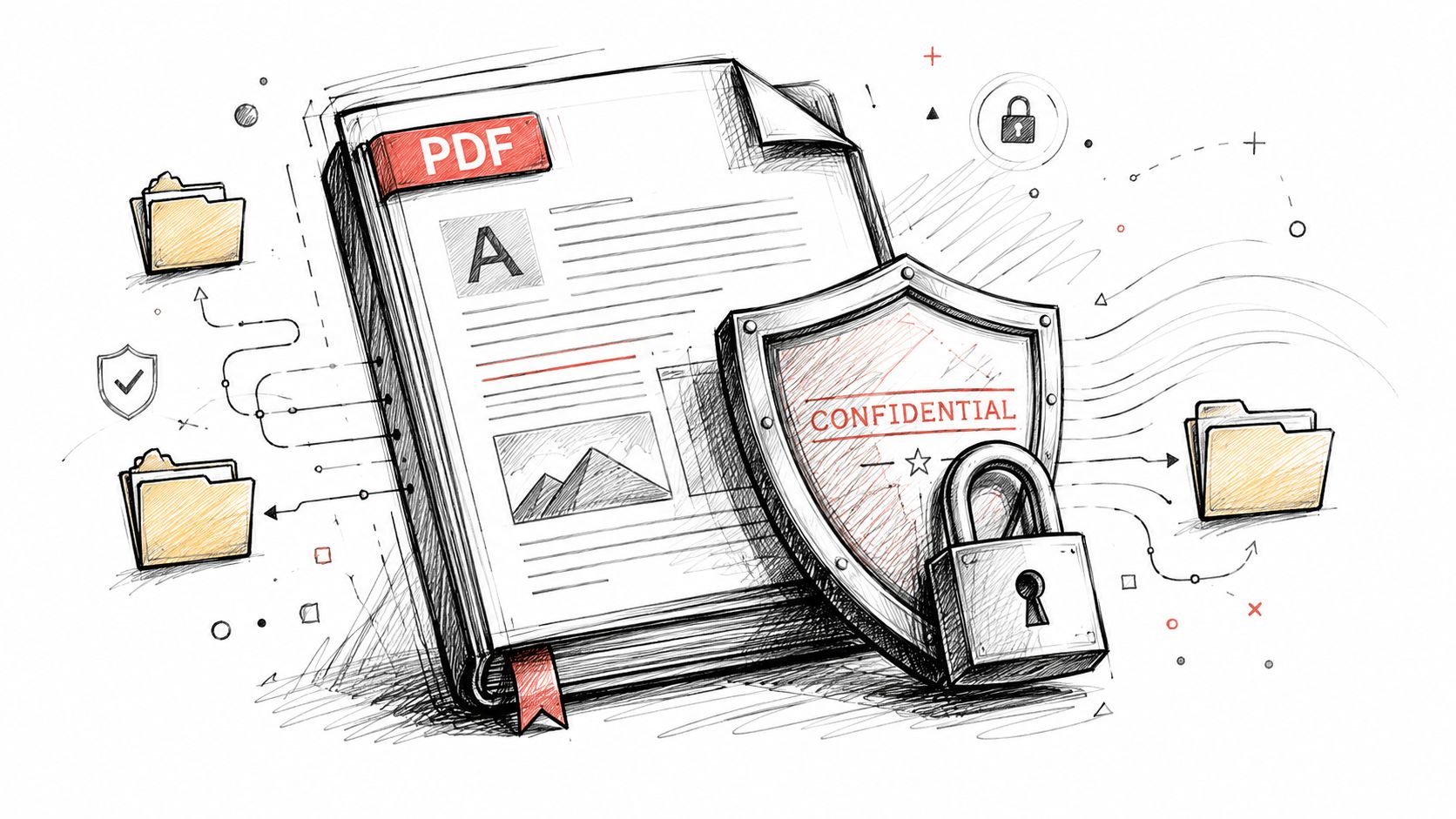 A sketched illustration of a document protected by a shield and a padlock representing data security.