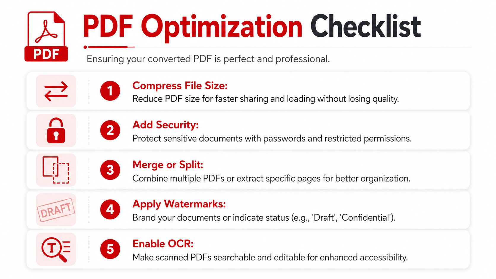 A five step PDF optimization checklist infographic showing icons for compressing, securing, splitting, watermarking, and OCR tools.