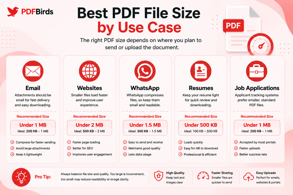 Recommended PDF sizes for email, websites, WhatsApp, resumes, and job applications.