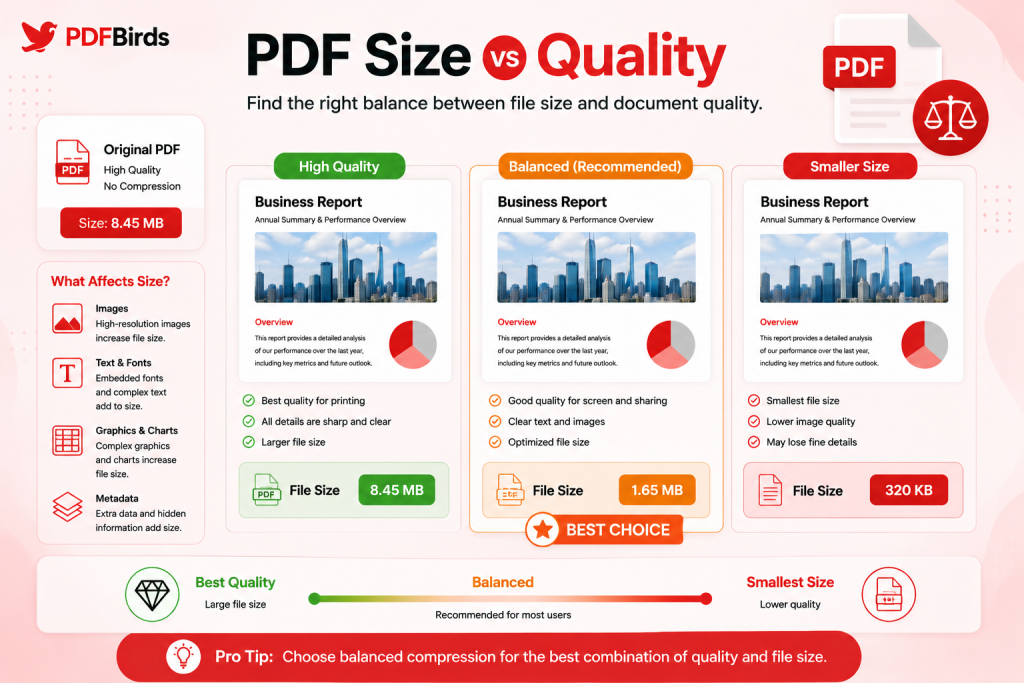 Comparison showing the balance between PDF file size and document quality.