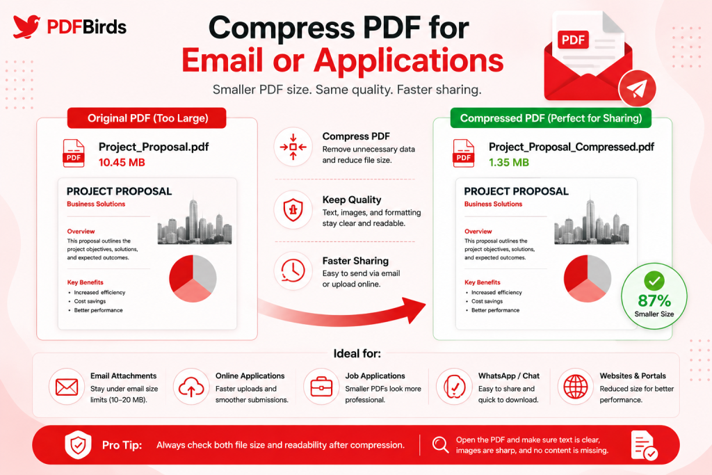 Original PDF compared with a smaller compressed PDF for email and online uploads.