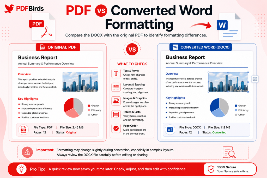  Side-by-side comparison of original PDF formatting and the converted Word document.