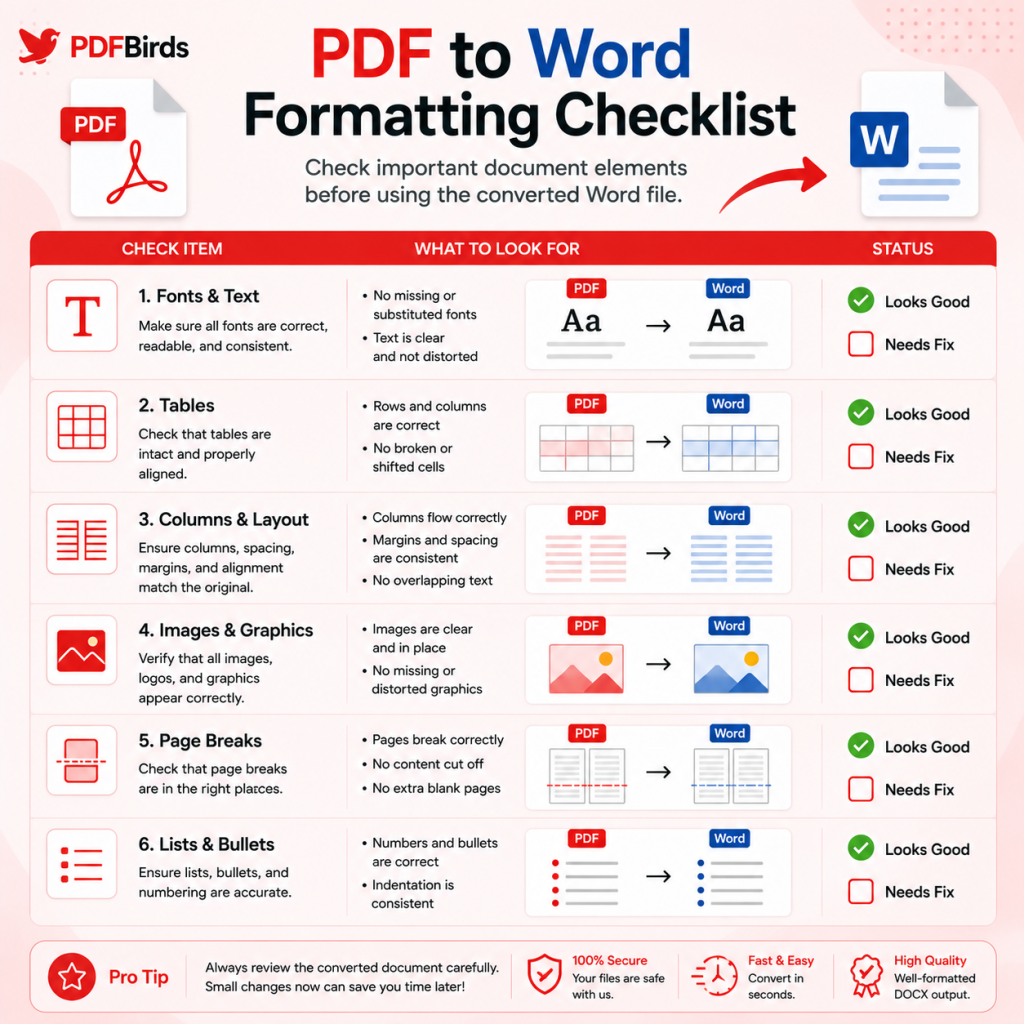  Checklist for reviewing fonts, tables, columns, images, and page breaks after PDF to Word conversion.