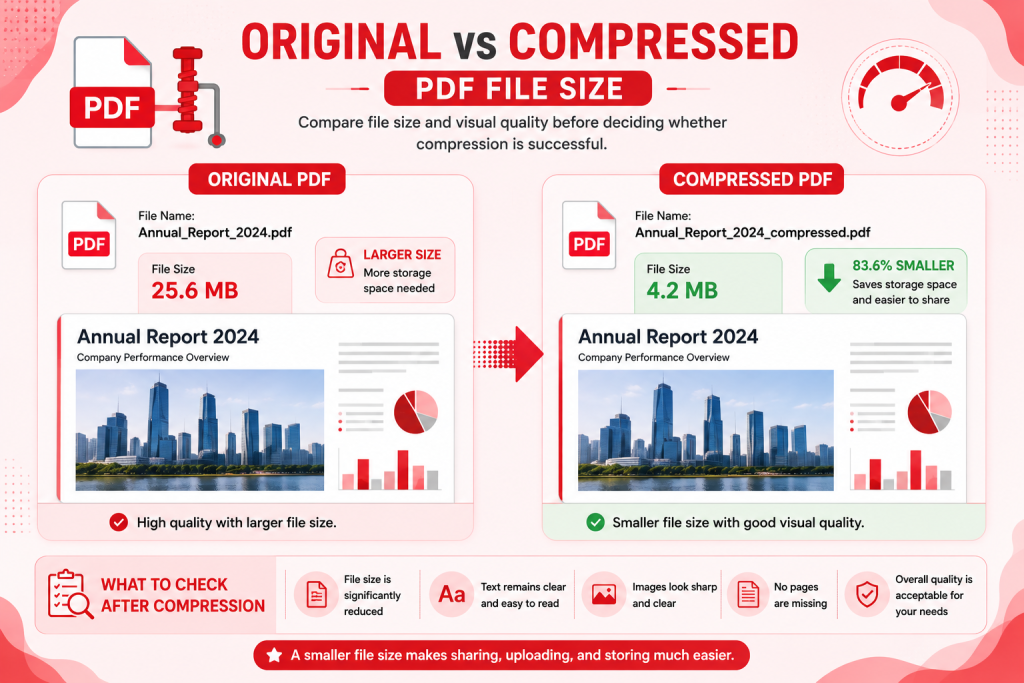 Before and after comparison showing the original PDF file size and compressed PDF file size.