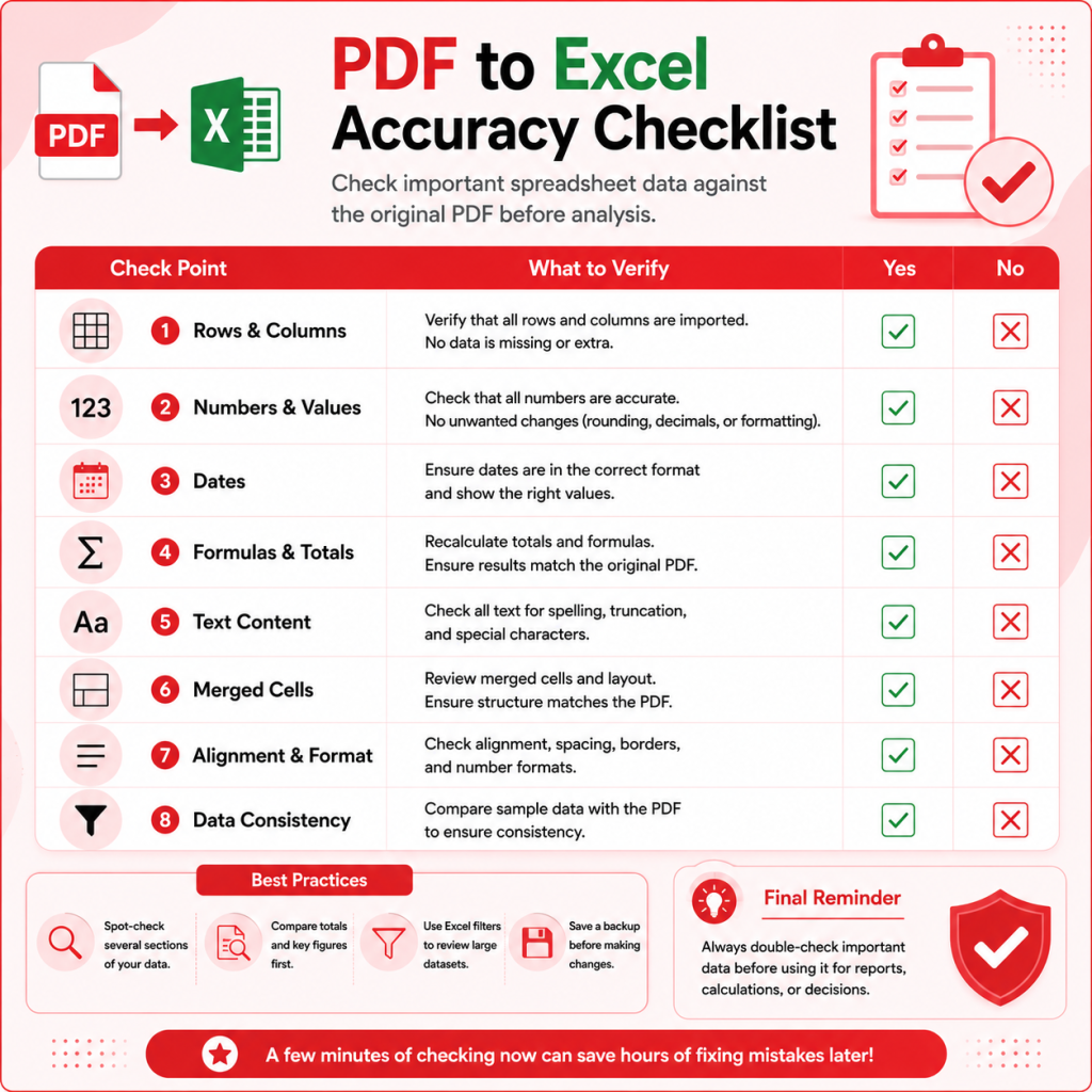 Checklist for validating rows, columns, dates, numbers, totals, and merged cells after PDF to Excel conversion.