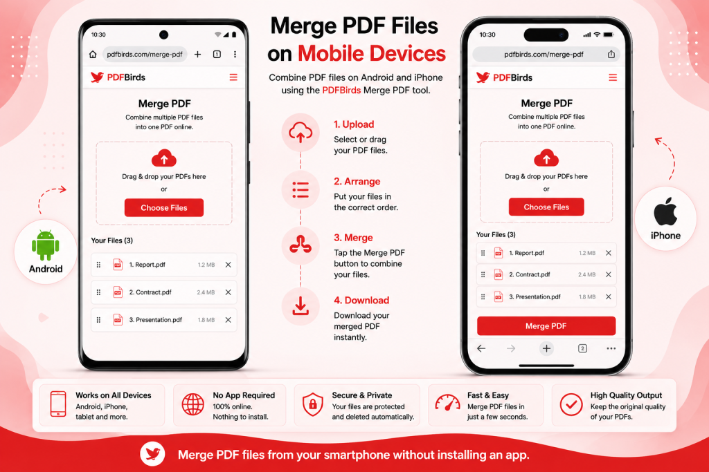 Combining PDF files on an Android phone and iPhone using the PDFBirds Merge PDF tool.