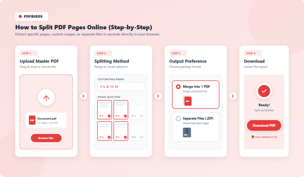 PDFBirds Split PDF interface displaying a visual thumbnail grid of uploaded document pages